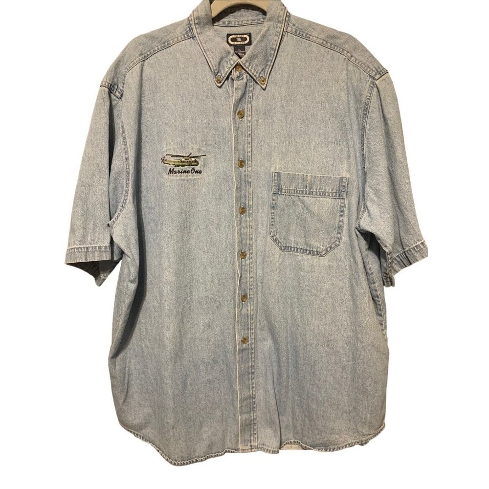Three Rivers TR Mens XL Blue Denim Short Sleeve Button Shirt With Pocket  Emblem